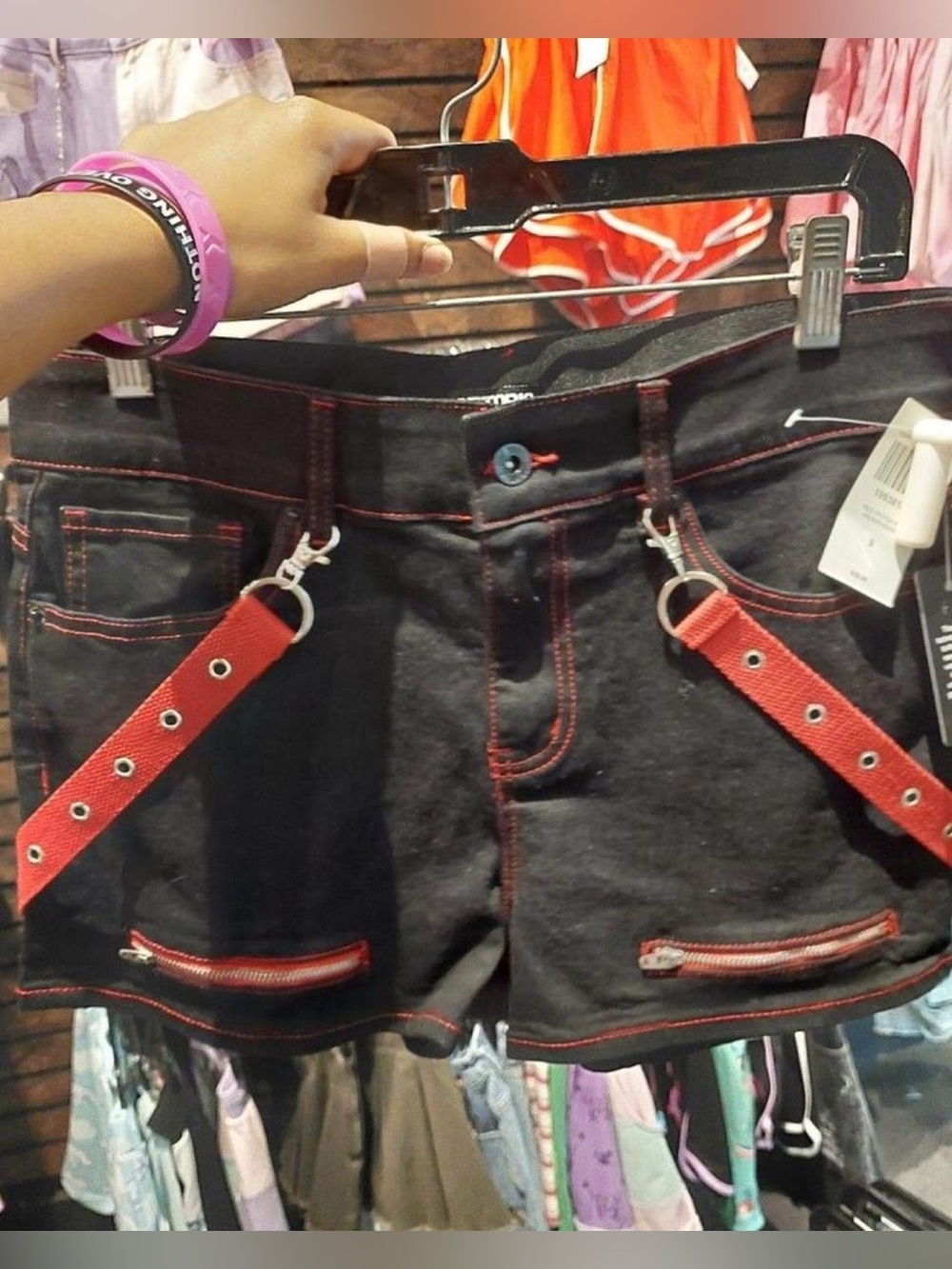 Black Mini Shorts with Red Stitching & Removable Red Strap Details
